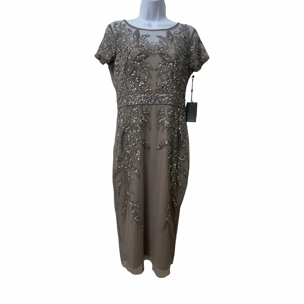 Adrianna Papell Short Sleeve Beaded Tea Length Cocktail Dress Size 8 Gray NEW